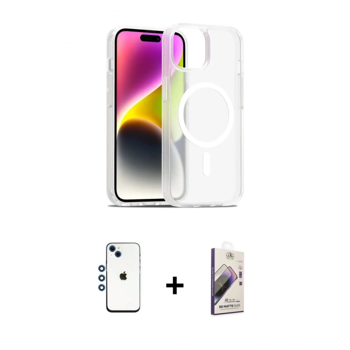 MARSİLYAN™- iPhone 14 Kılıf Siluet Minimal Prime - Siyah Bilvis 3D Mat Cam Ekran Koruyucu + Shine Kamera Lens - MI