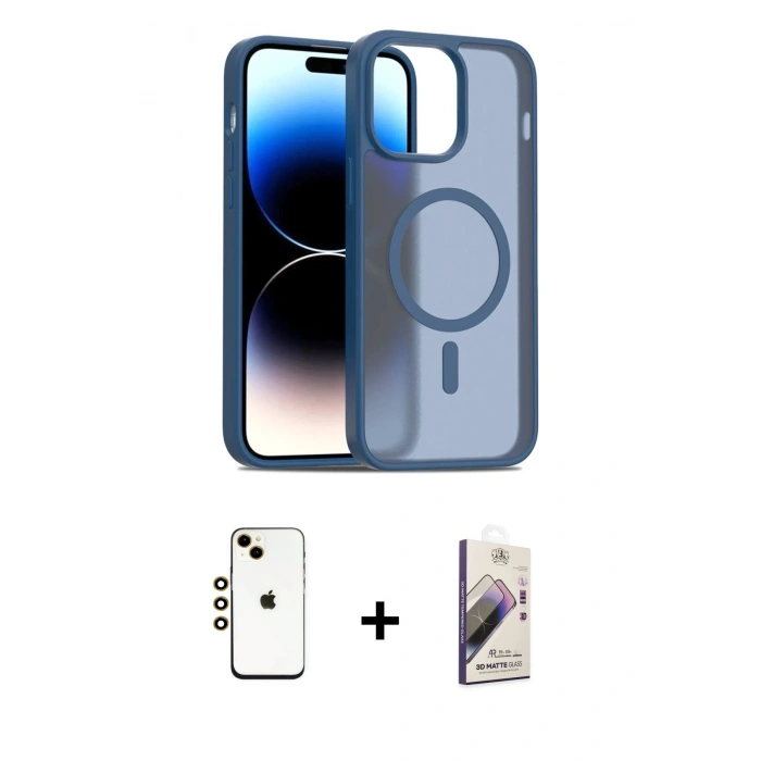 MARSİLYAN™- iPhone 14 Kılıf Siluet Minimal Prime - Siyah Bilvis 3D Mat Cam Ekran Koruyucu + Shine Kamera Lens - GD