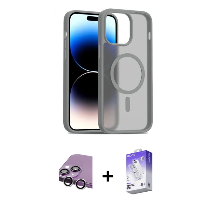 MARSİLYAN™- iPhone 14 Kılıf Siluet Minimal Prime - Siyah Bilvis 5in1 3D Magic Cam Ekran Koruyucu + Raze Metal Kamera Lens - GS