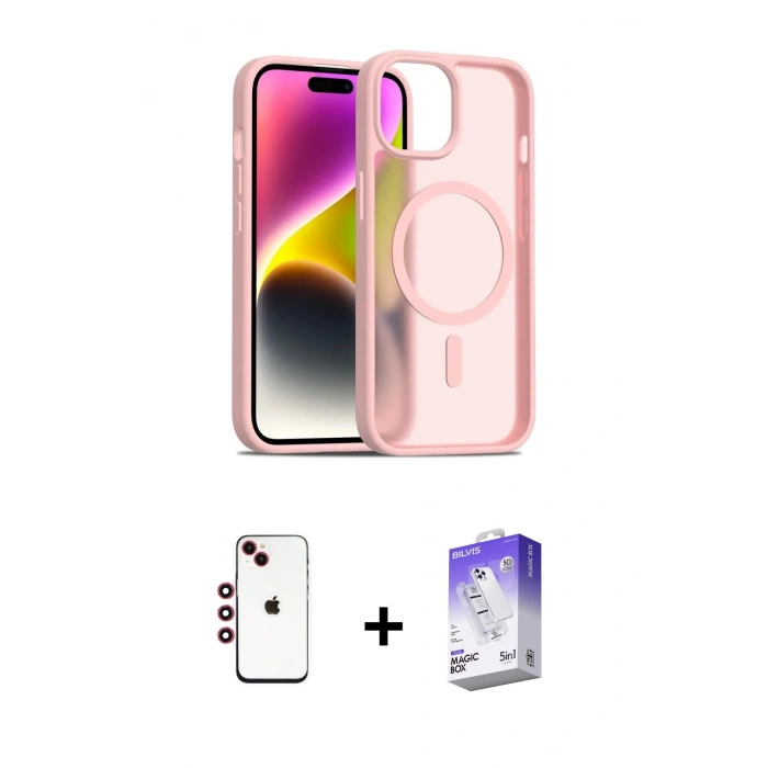 MARSİLYAN™- iPhone 14 Kılıf Siluet Minimal Prime - Siyah Bilvis 5in1 3D Magic Cam Ekran Koruyucu + Shine Kamera Lens - KI
