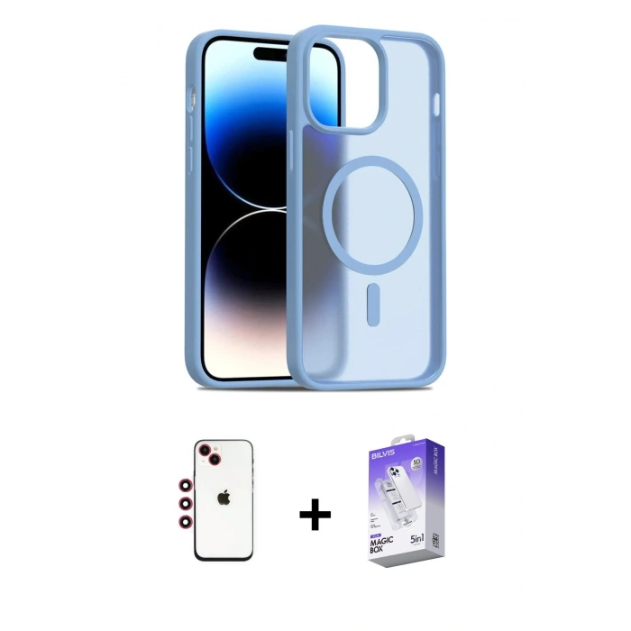 MARSİLYAN™- iPhone 14 Kılıf Siluet Minimal Prime - Siyah Bilvis 5in1 3D Magic Cam Ekran Koruyucu + Shine Kamera Lens - KI