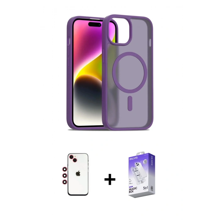 MARSİLYAN™- iPhone 14 Kılıf Siluet Minimal Prime - Siyah Bilvis 5in1 3D Magic Cam Ekran Koruyucu + Shine Kamera Lens - KI
