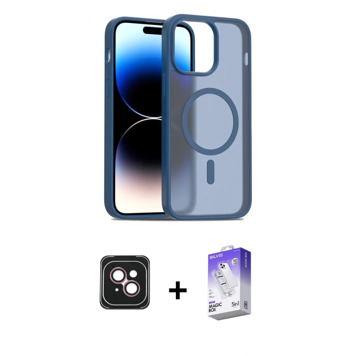 MARSİLYAN™- iPhone 14 Kılıf Siluet Minimal Prime - Siyah Bilvis 5in1 3D Magic Cam Ekran Koruyucu + Pembe PVD Metal Kamera Lens