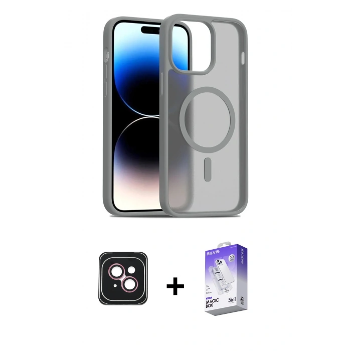 MARSİLYAN™- iPhone 14 Kılıf Siluet Minimal Prime - Siyah Bilvis 5in1 3D Magic Cam Ekran Koruyucu + Pembe PVD Metal Kamera Lens