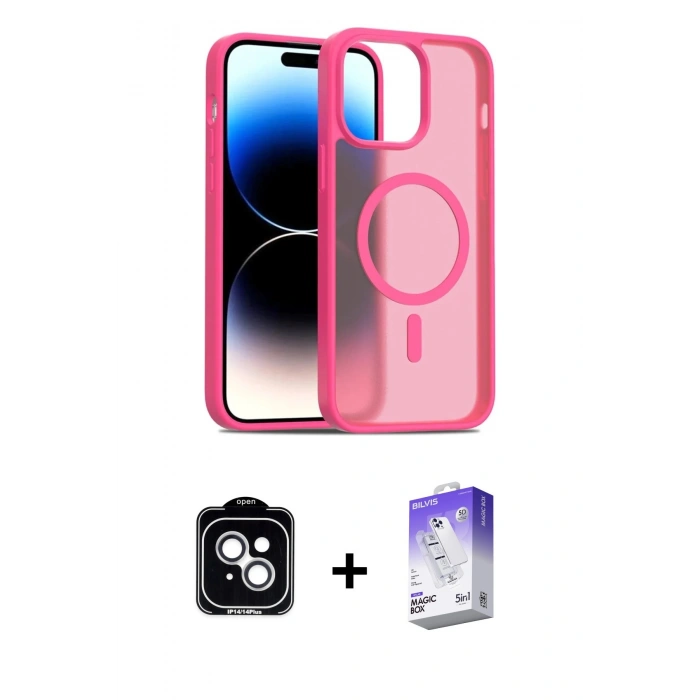 MARSİLYAN™- iPhone 14 Kılıf Siluet Minimal Prime - Siyah Bilvis 5in1 3D Magic Cam Ekran Koruyucu + PVD Metal Kamera Lens - GS