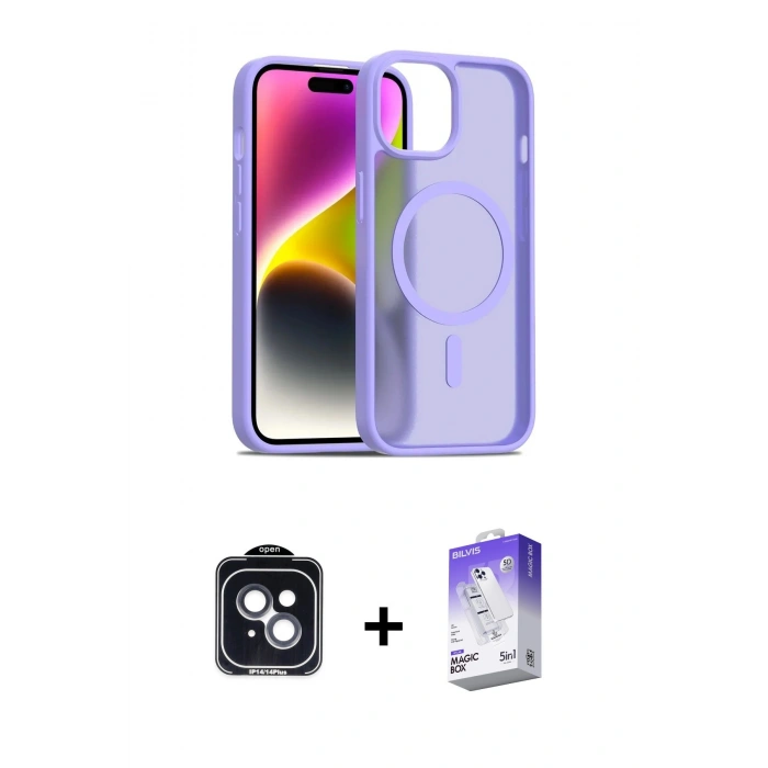 MARSİLYAN™- iPhone 14 Kılıf Siluet Minimal Prime - Siyah Bilvis 5in1 3D Magic Cam Ekran Koruyucu + PVD Metal Kamera Lens - SH