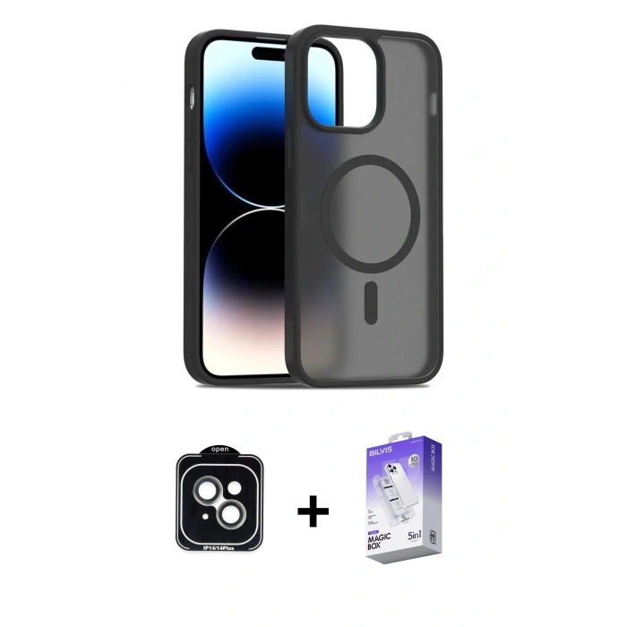 MARSİLYAN™- iPhone 14 Kılıf Siluet Minimal Prime - Siyah Bilvis 5in1 3D Magic Cam Ekran Koruyucu + PVD Metal Kamera Lens - YL