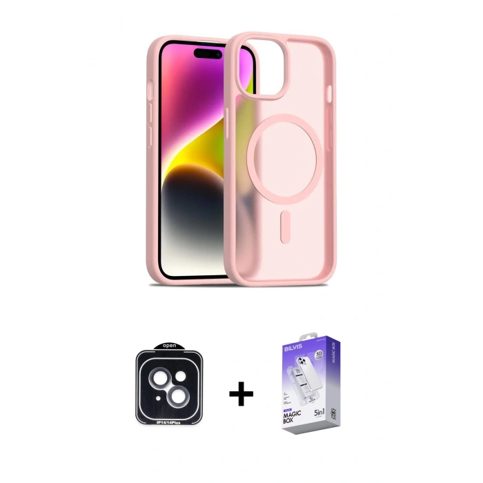 MARSİLYAN™- iPhone 14 Kılıf Siluet Minimal Prime - Siyah Bilvis 5in1 3D Magic Cam Ekran Koruyucu + PVD Metal Kamera Lens - SH