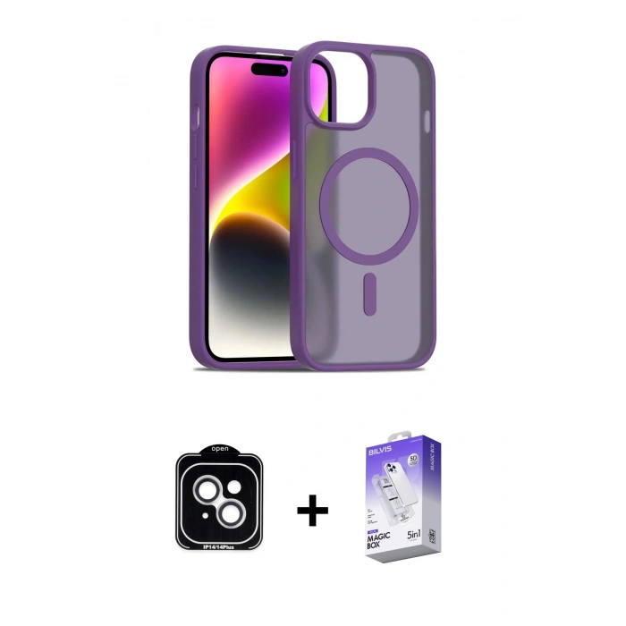 MARSİLYAN™- iPhone 14 Kılıf Siluet Minimal Prime - Siyah Bilvis 5in1 3D Magic Cam Ekran Koruyucu + PVD Metal Kamera Lens - GS