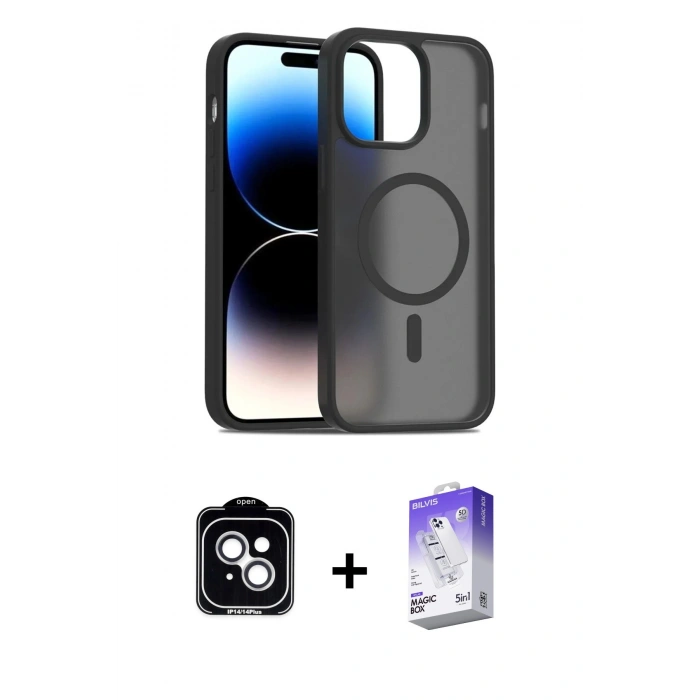 MARSİLYAN™- iPhone 14 Kılıf Siluet Minimal Prime - Siyah Bilvis 5in1 3D Magic Cam Ekran Koruyucu + PVD Metal Kamera Lens - GS