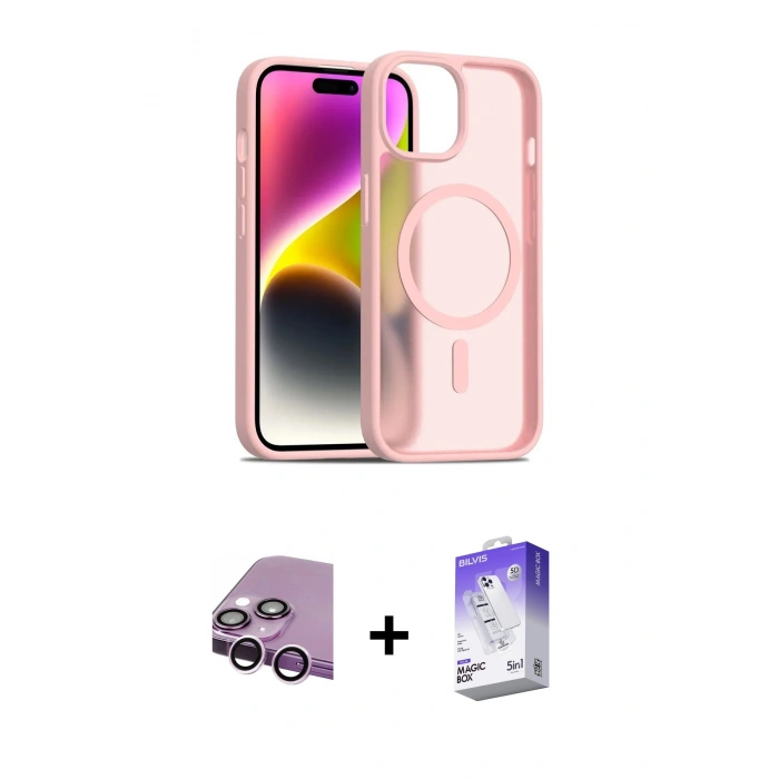 MARSİLYAN™- iPhone 14 Kılıf Siluet Minimal Prime - Siyah Bilvis 5in1 3D Magic Cam Ekran Koruyucu + Raze Metal Kamera Lens - MR