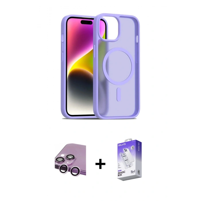 MARSİLYAN™- iPhone 14 Kılıf Siluet Minimal Prime - Siyah Bilvis 5in1 3D Magic Cam Ekran Koruyucu + Raze Metal Kamera Lens - MR