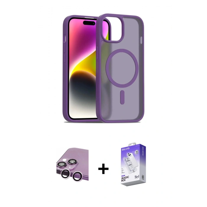 MARSİLYAN™- iPhone 14 Kılıf Siluet Minimal Prime - Siyah Bilvis 5in1 3D Magic Cam Ekran Koruyucu + Raze Metal Kamera Lens - MR