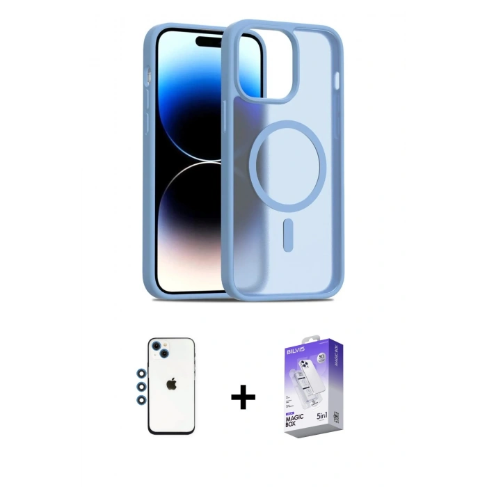 MARSİLYAN™- iPhone 14 Kılıf Siluet Minimal Prime - Siyah Bilvis 5in1 3D Magic Cam Ekran Koruyucu + Shine Kamera Lens - MI