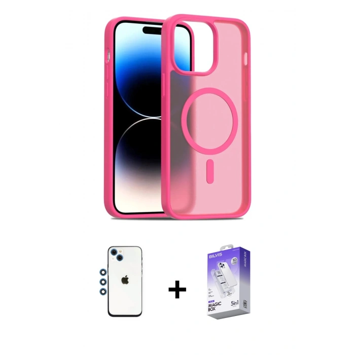 MARSİLYAN™- iPhone 14 Kılıf Siluet Minimal Prime - Siyah Bilvis 5in1 3D Magic Cam Ekran Koruyucu + Shine Kamera Lens - MI