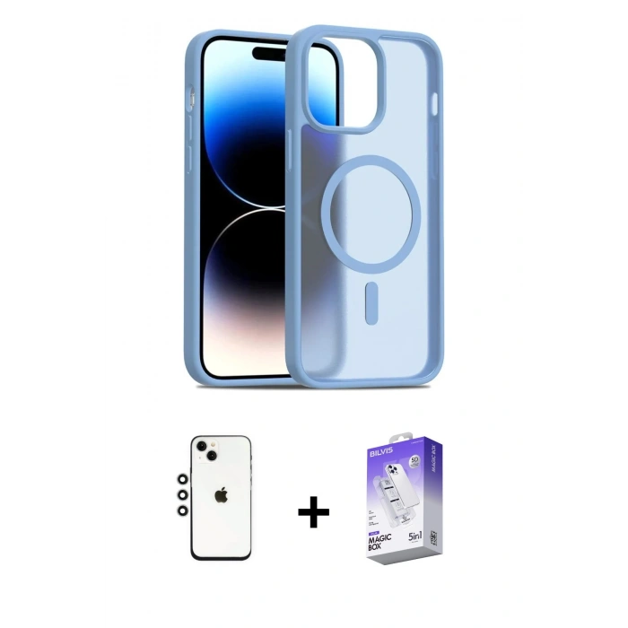 MARSİLYAN™- iPhone 14 Kılıf Siluet Minimal Prime - Siyah Bilvis 5in1 3D Magic Cam Ekran Koruyucu + Shine Kamera Lens - GS