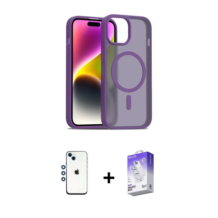MARSİLYAN™- iPhone 14 Kılıf Siluet Minimal Prime - Siyah Bilvis 5in1 3D Magic Cam Ekran Koruyucu + Shine Kamera Lens - MI