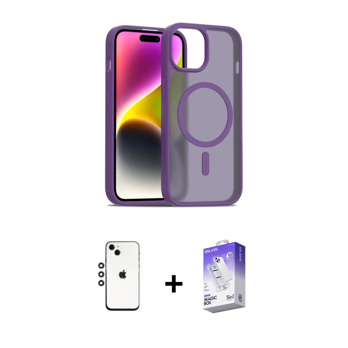 MARSİLYAN™- iPhone 14 Kılıf Siluet Minimal Prime - Siyah Bilvis 5in1 3D Magic Cam Ekran Koruyucu + Shine Kamera Lens - GS
