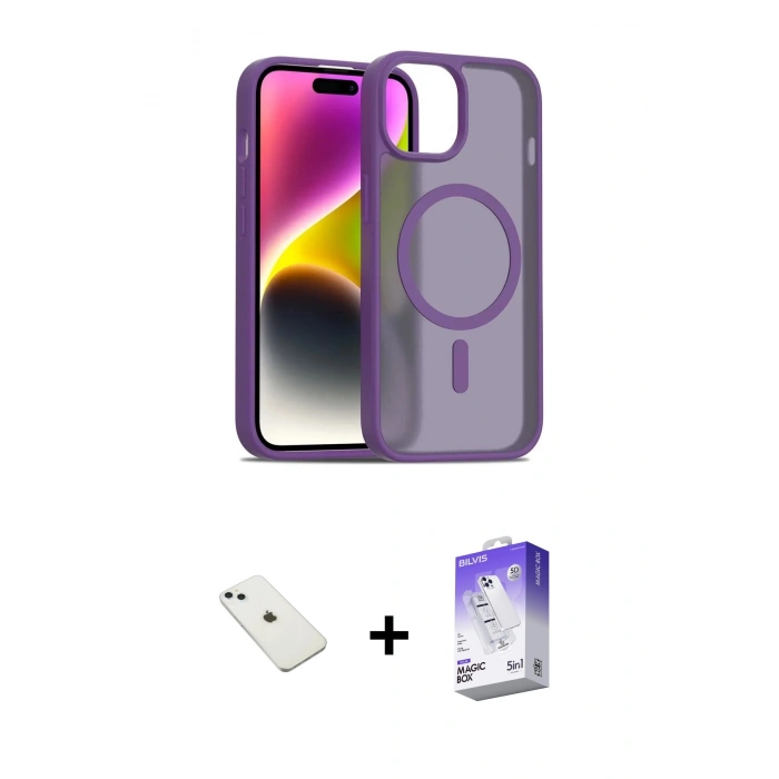 MARSİLYAN™- iPhone 14 Kılıf Siluet Minimal Prime - Siyah Bilvis 5in1 3D Magic Cam Ekran Koruyucu + Sierra Blue Diamond Kamera Lens