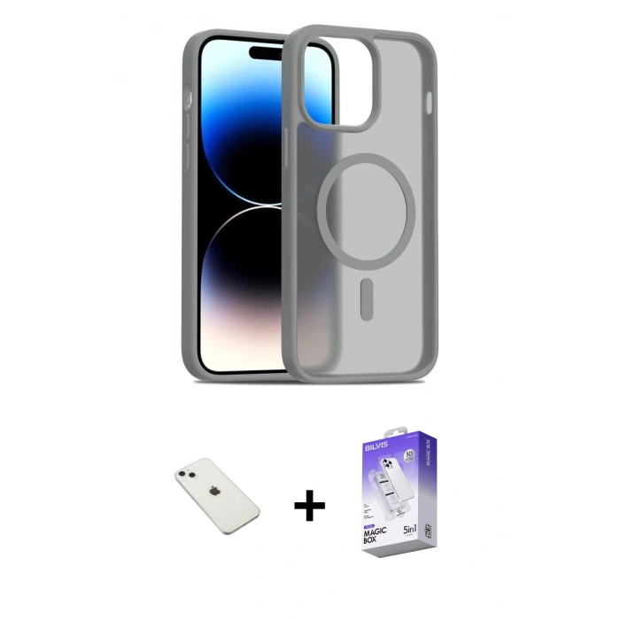 MARSİLYAN™- iPhone 14 Kılıf Siluet Minimal Prime - Siyah Bilvis 5in1 3D Magic Cam Ekran Koruyucu + Sierra Blue Diamond Kamera Lens