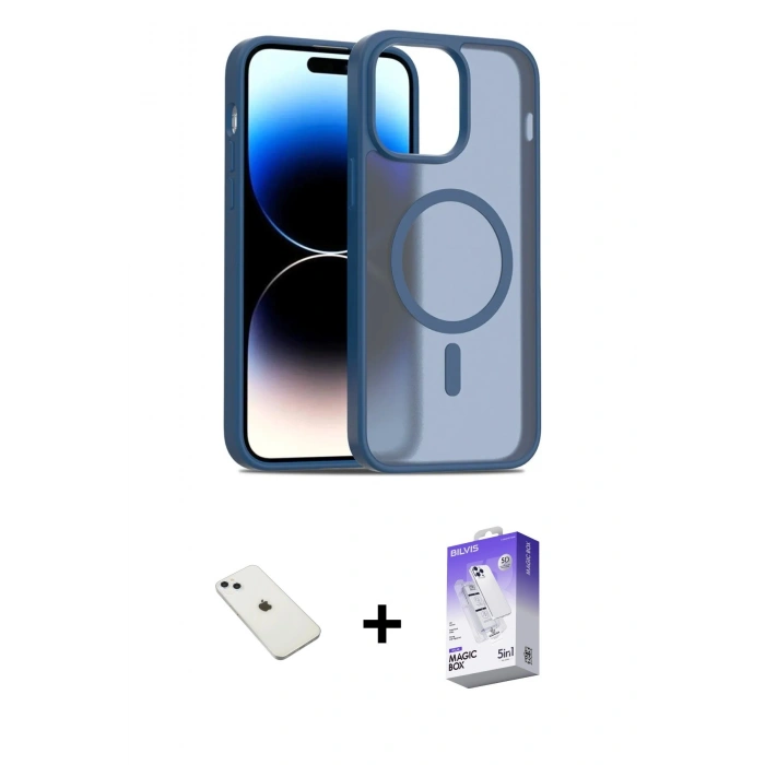 MARSİLYAN™- iPhone 14 Kılıf Siluet Minimal Prime - Siyah Bilvis 5in1 3D Magic Cam Ekran Koruyucu + Sierra Blue Diamond Kamera Lens