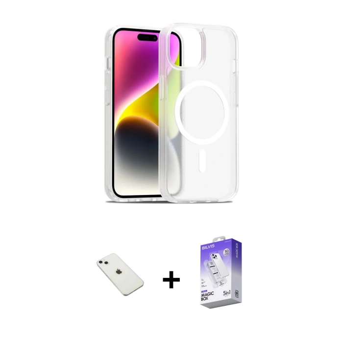 MARSİLYAN™- iPhone 14 Kılıf Siluet Minimal Prime - Siyah Bilvis 5in1 3D Magic Cam Ekran Koruyucu + Sierra Blue Diamond Kamera Lens
