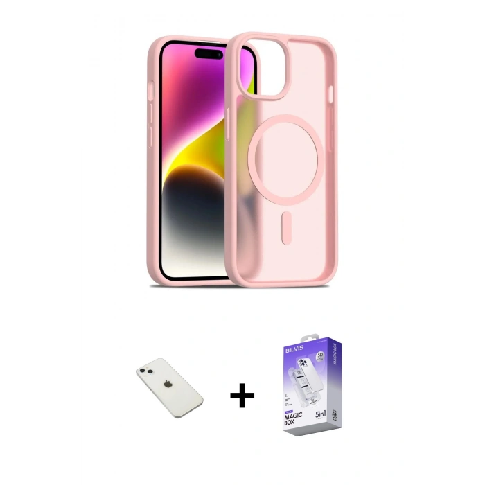 MARSİLYAN™- iPhone 14 Kılıf Siluet Minimal Prime - Siyah Bilvis 5in1 3D Magic Cam Ekran Koruyucu + Sierra Blue Diamond Kamera Lens