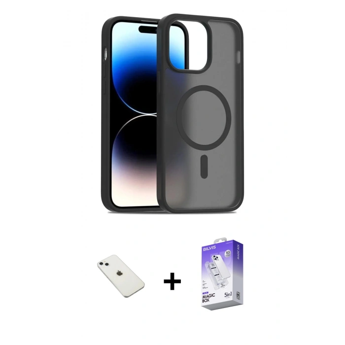 MARSİLYAN™- iPhone 14 Kılıf Siluet Minimal Prime - Siyah Bilvis 5in1 3D Magic Cam Ekran Koruyucu + Sierra Blue Diamond Kamera Lens
