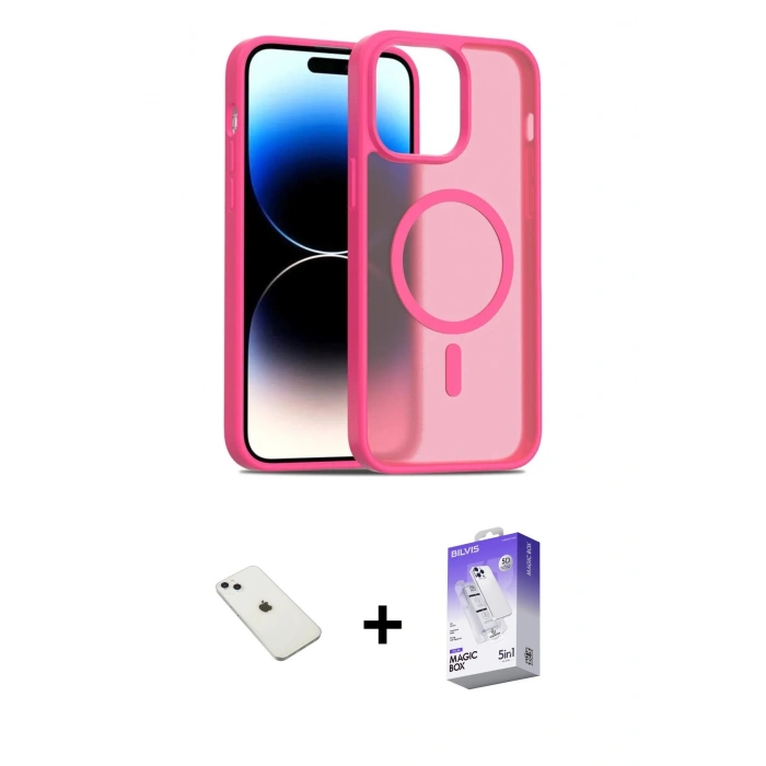 MARSİLYAN™- iPhone 14 Kılıf Siluet Minimal Prime - Siyah Bilvis 5in1 3D Magic Cam Ekran Koruyucu + Sierra Blue Diamond Kamera Lens