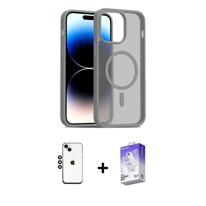 MARSİLYAN™- iPhone 14 Kılıf Siluet Minimal Prime - Siyah Bilvis 5in1 3D Magic Cam Ekran Koruyucu + Shine Kamera Lens - SH