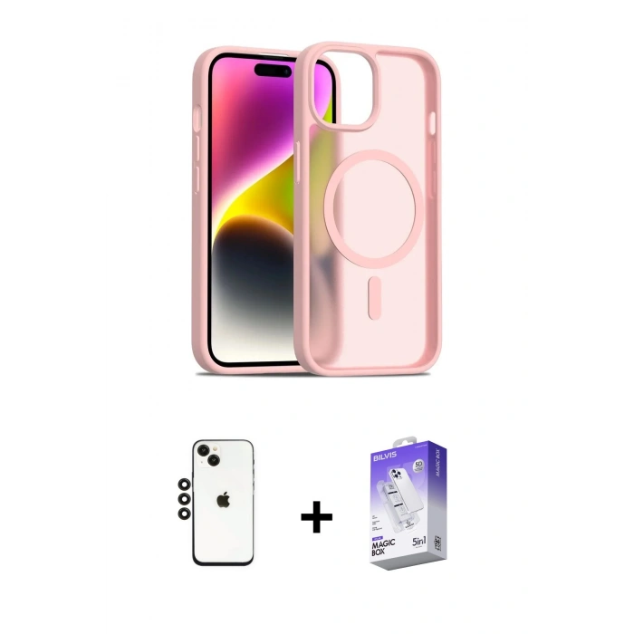 MARSİLYAN™- iPhone 14 Kılıf Siluet Minimal Prime - Siyah Bilvis 5in1 3D Magic Cam Ekran Koruyucu + Shine Kamera Lens - SH