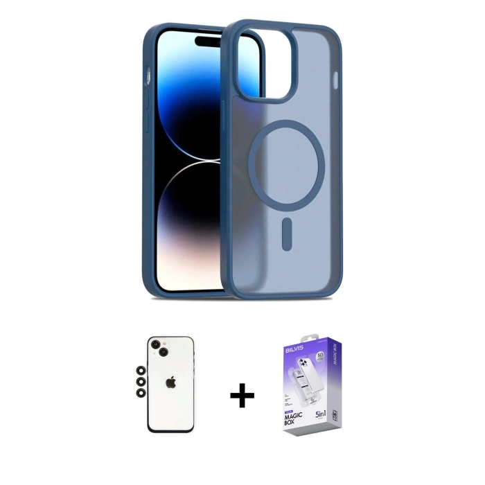 MARSİLYAN™- iPhone 14 Kılıf Siluet Minimal Prime - Siyah Bilvis 5in1 3D Magic Cam Ekran Koruyucu + Shine Kamera Lens - SH