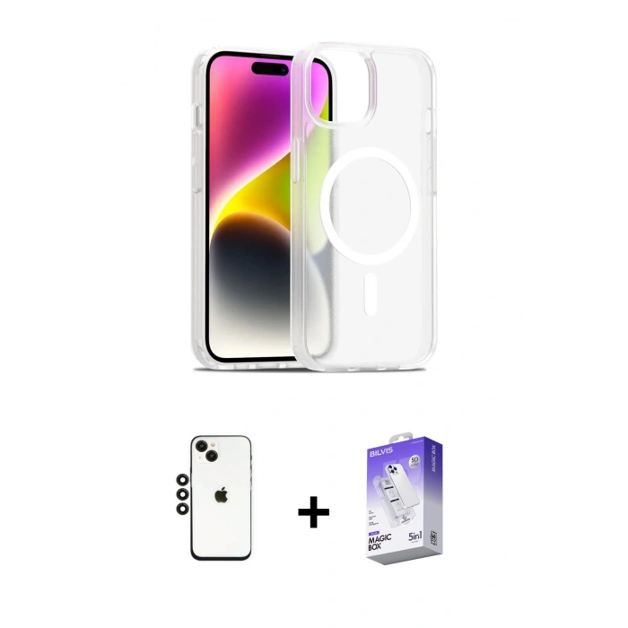 MARSİLYAN™- iPhone 14 Kılıf Siluet Minimal Prime - Siyah Bilvis 5in1 3D Magic Cam Ekran Koruyucu + Shine Kamera Lens - SH