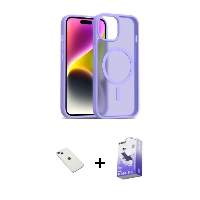 MARSİLYAN™- iPhone 14 Kılıf Siluet Minimal Prime - Siyah Bilvis 5in1 5D Magic Hayalet Cam Ekran Koruyucu + Diamond Kamera Lens - YL