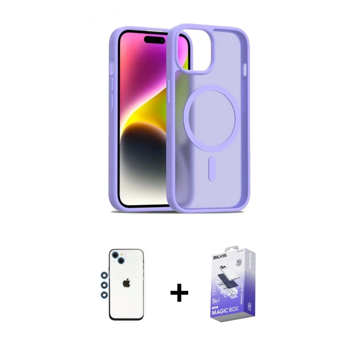 MARSİLYAN™- iPhone 14 Kılıf Siluet Minimal Prime - Siyah Bilvis 5in1 5D Magic Hayalet Cam Ekran Koruyucu + Shine Kamera Lens - MI