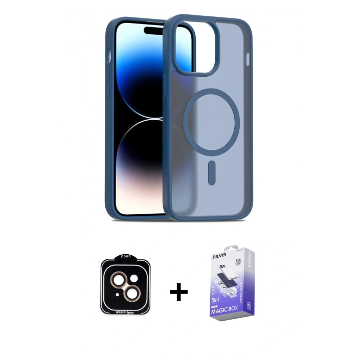 MARSİLYAN™- iPhone 14 Kılıf Siluet Minimal Prime - Siyah Bilvis 5in1 5D Magic Hayalet Cam Ekran Koruyucu + PVD Metal Kamera Lens - TU