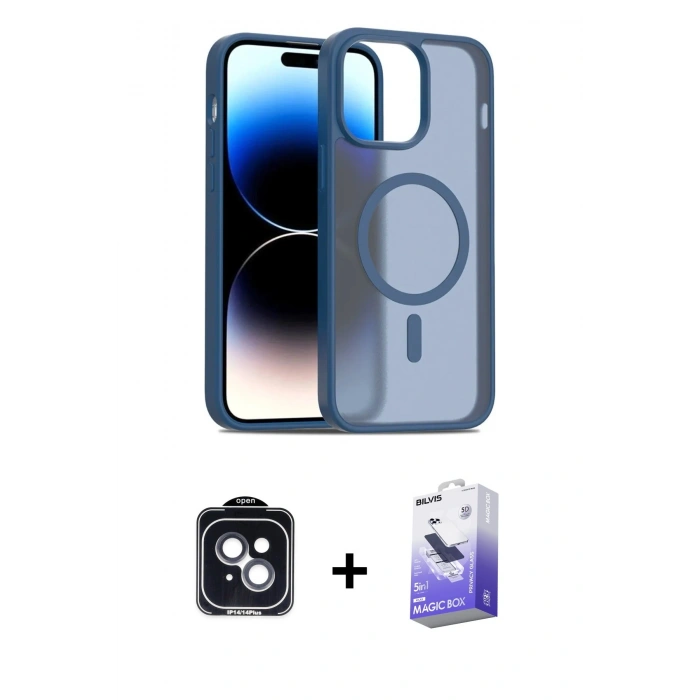 MARSİLYAN™- iPhone 14 Kılıf Siluet Minimal Prime - Siyah Bilvis 5in1 5D Magic Hayalet Cam Ekran Koruyucu + PVD Metal Kamera Lens - SH