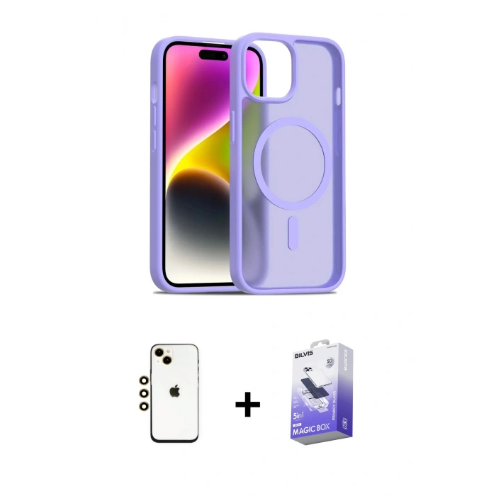 MARSİLYAN™- iPhone 14 Kılıf Siluet Minimal Prime - Siyah Bilvis 5in1 5D Magic Hayalet Cam Ekran Koruyucu + Shine Kamera Lens - GD