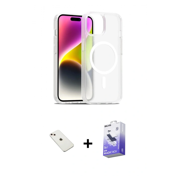 MARSİLYAN™- iPhone 14 Kılıf Siluet Minimal Prime - Siyah Bilvis 5in1 5D Magic Hayalet Cam Ekran Koruyucu + Pembe Diamond Kamera Lens