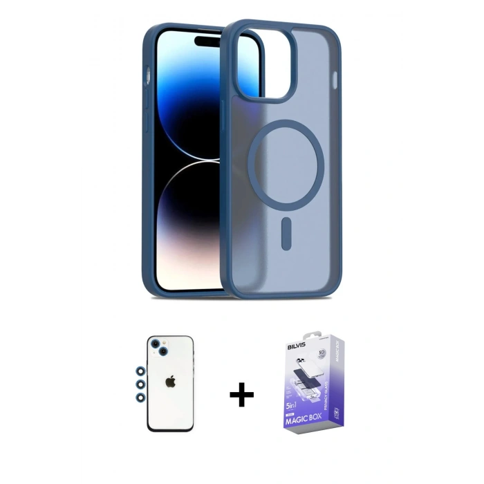 MARSİLYAN™- iPhone 14 Kılıf Siluet Minimal Prime - Siyah Bilvis 5in1 5D Magic Hayalet Cam Ekran Koruyucu + Shine Kamera Lens - MI