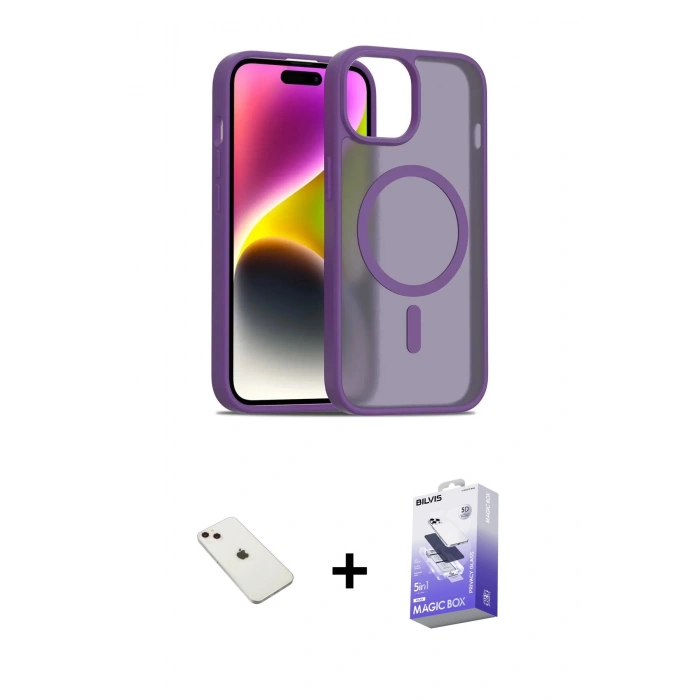 MARSİLYAN™- iPhone 14 Kılıf Siluet Minimal Prime - Siyah Bilvis 5in1 5D Magic Hayalet Cam Ekran Koruyucu + Pembe Diamond Kamera Lens