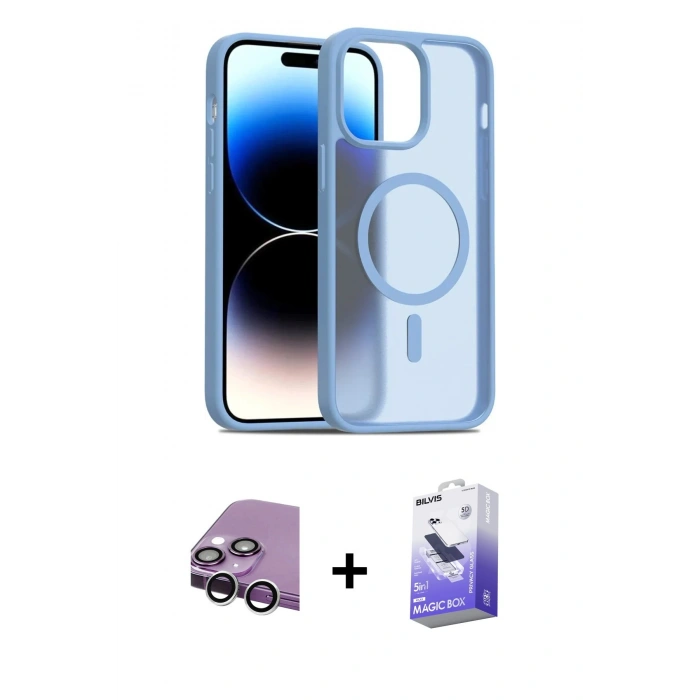 MARSİLYAN™- iPhone 14 Kılıf Siluet Minimal Prime - Siyah Bilvis 5in1 5D Magic Hayalet Cam Ekran Koruyucu + Gümüş Raze Metal Kamera Lens