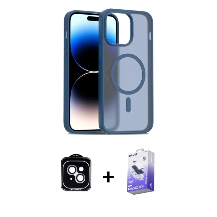 MARSİLYAN™- iPhone 14 Kılıf Siluet Minimal Prime - Siyah Bilvis 5in1 5D Magic Hayalet Cam Ekran Koruyucu + PVD Metal Kamera Lens - MI