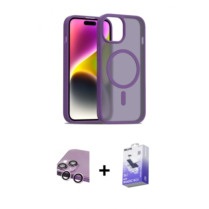 MARSİLYAN™- iPhone 14 Kılıf Siluet Minimal Prime - Siyah Bilvis 5in1 5D Magic Hayalet Cam Ekran Koruyucu + Raze Metal Kamera Lens - MR