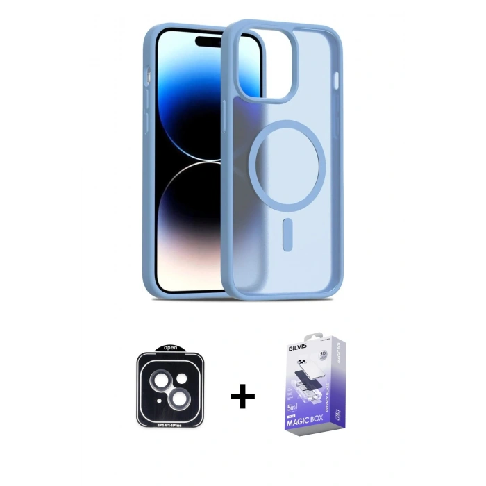 MARSİLYAN™- iPhone 14 Kılıf Siluet Minimal Prime - Siyah Bilvis 5in1 5D Magic Hayalet Cam Ekran Koruyucu + PVD Metal Kamera Lens - SH