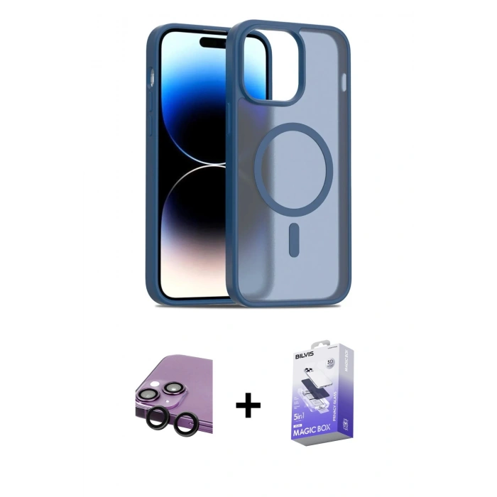 MARSİLYAN™- iPhone 14 Kılıf Siluet Minimal Prime - Siyah Bilvis 5in1 5D Magic Hayalet Cam Ekran Koruyucu + Raze Metal Kamera Lens - SH