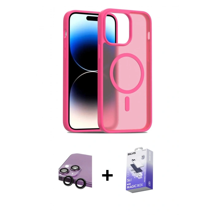 MARSİLYAN™- iPhone 14 Kılıf Siluet Minimal Prime - Siyah Bilvis 5in1 5D Magic Hayalet Cam Ekran Koruyucu + Raze Metal Kamera Lens - SH