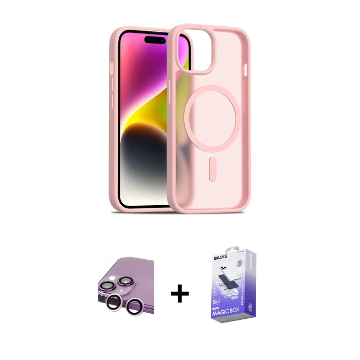 MARSİLYAN™- iPhone 14 Kılıf Siluet Minimal Prime - Siyah Bilvis 5in1 5D Magic Hayalet Cam Ekran Koruyucu + Raze Metal Kamera Lens - MR