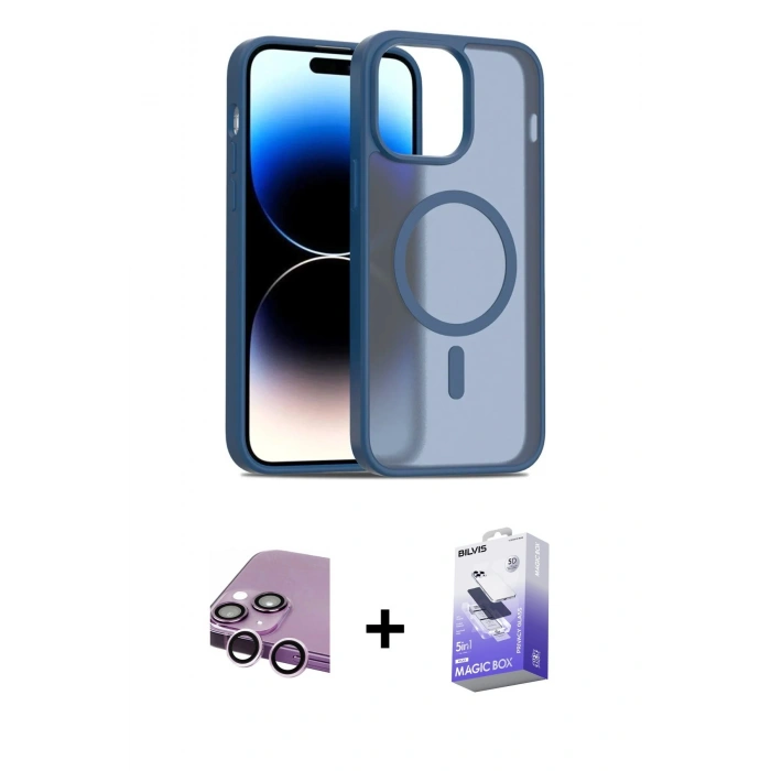 MARSİLYAN™- iPhone 14 Kılıf Siluet Minimal Prime - Siyah Bilvis 5in1 5D Magic Hayalet Cam Ekran Koruyucu + Raze Metal Kamera Lens - MR
