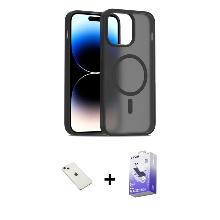 MARSİLYAN™- iPhone 14 Kılıf Siluet Minimal Prime - Siyah Bilvis 5in1 5D Magic Hayalet Cam Ekran Koruyucu + Pembe Diamond Kamera Lens